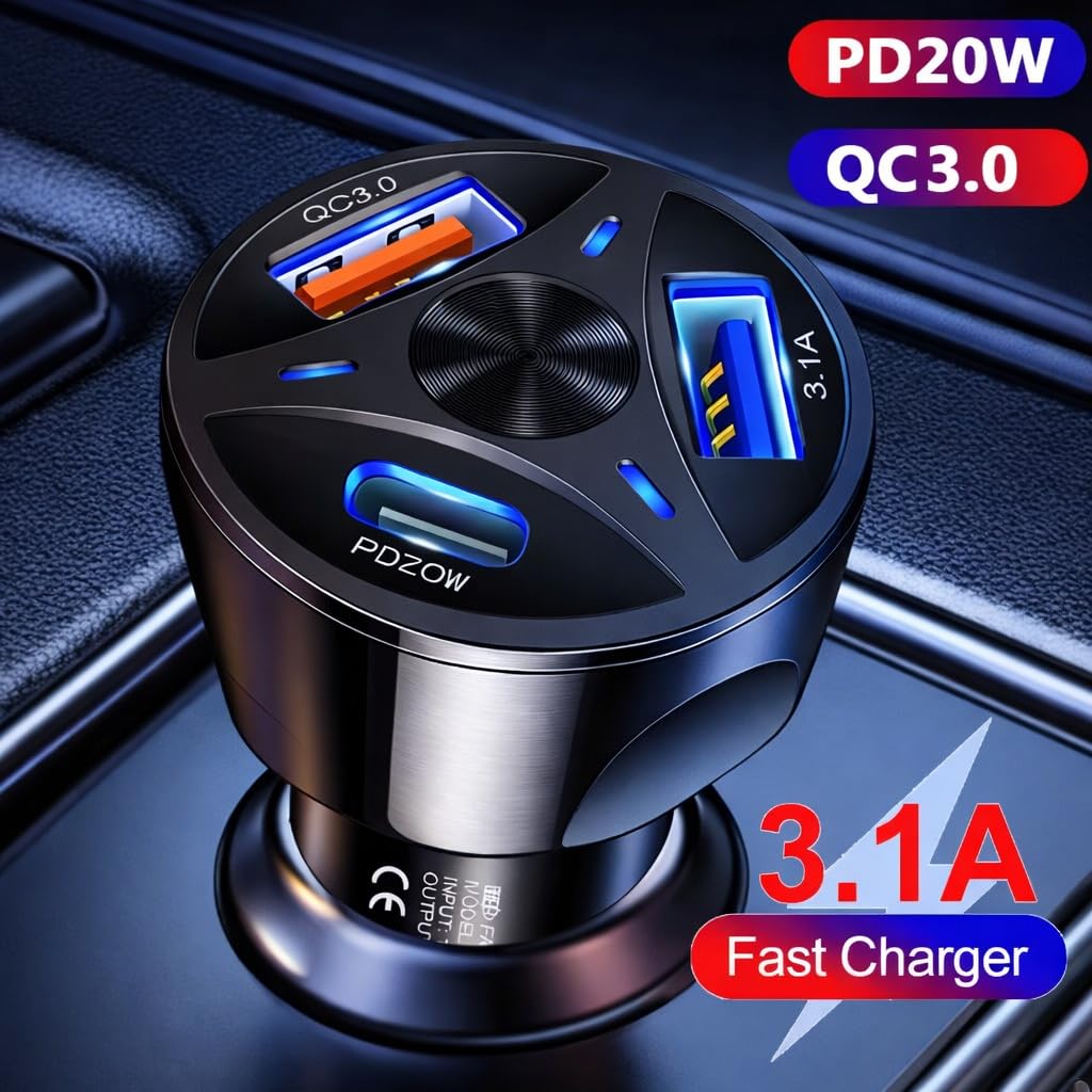 Zen-Car-View-Plus 55W Car Charger, 1× 33W Type-C PD + 2× 22W USB-A Ports, Triple Port Fast Car Charger with one 33W Type-C PD & Two 22 USB-A, Charge 3 Devices Simultaneously, for Smartphones