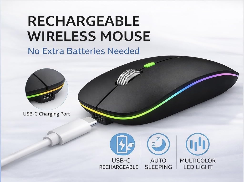 Zenonix Slim Wireless Mouse with Rechargeable Battery, BT + 2.4GHz, 4 Buttons, 800/1200/1600 DPI, Silent Operation, Multicolor LED Light