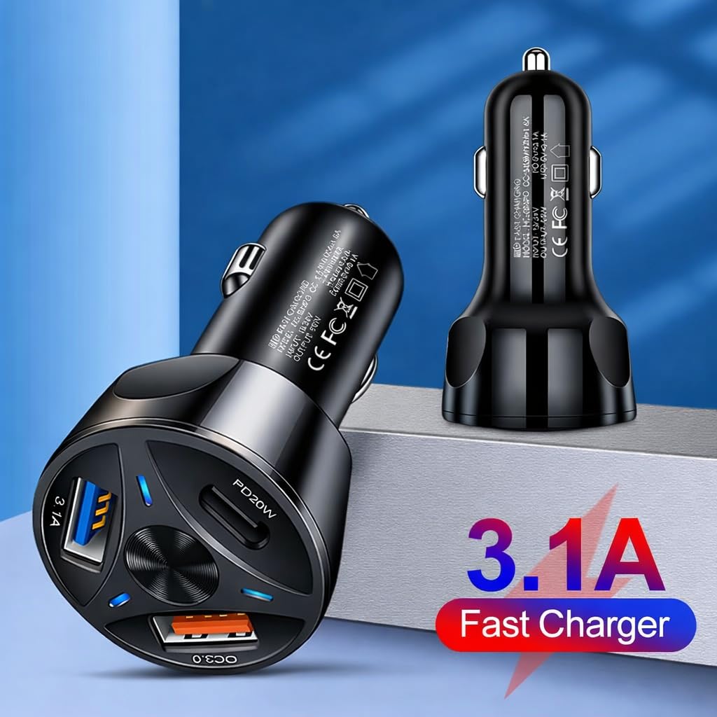 Zen-Car-View-Plus 55W Car Charger, 1× 33W Type-C PD + 2× 22W USB-A Ports, Triple Port Fast Car Charger with one 33W Type-C PD & Two 22 USB-A, Charge 3 Devices Simultaneously, for Smartphones