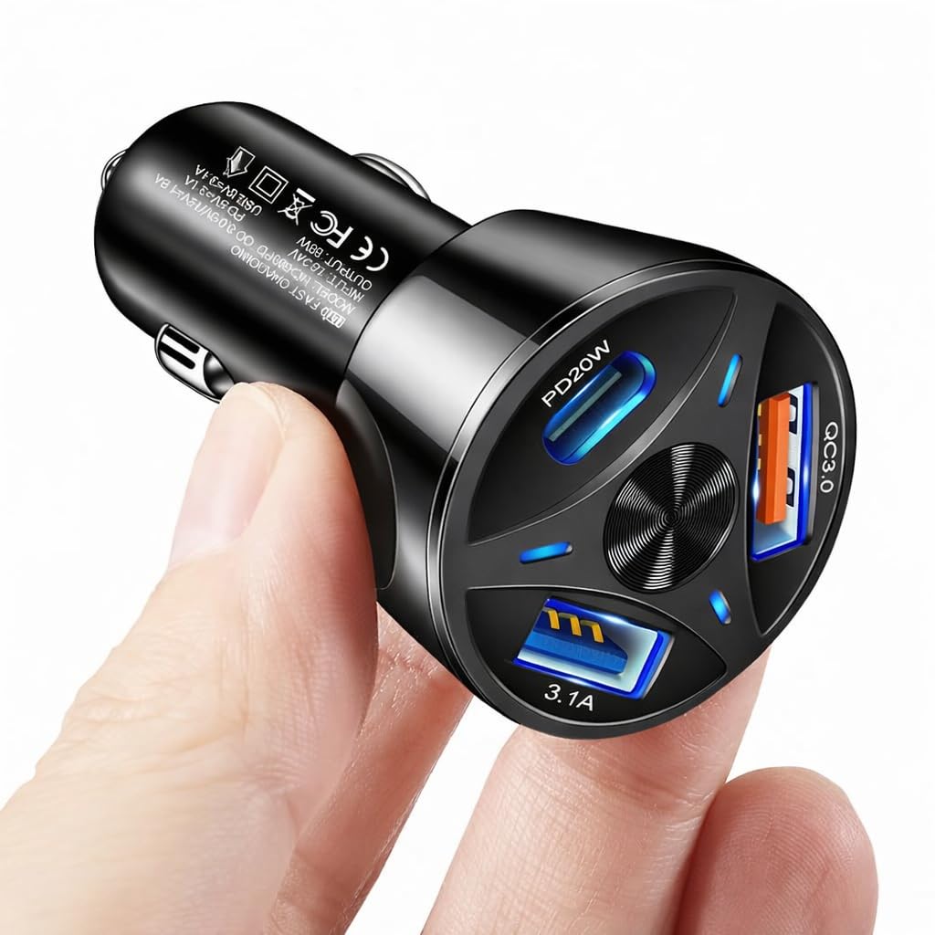 Zen-Car-View-Plus 55W Car Charger, 1× 33W Type-C PD + 2× 22W USB-A Ports, Triple Port Fast Car Charger with one 33W Type-C PD & Two 22 USB-A, Charge 3 Devices Simultaneously, for Smartphones