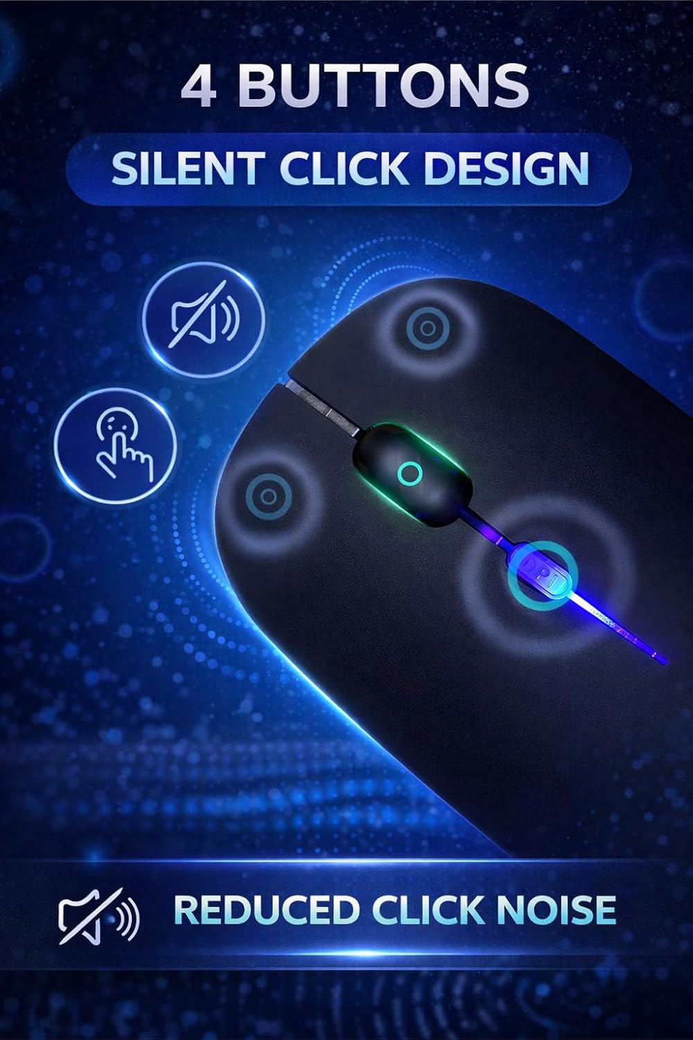 Zenonix Slim Wireless Mouse with Rechargeable Battery, BT + 2.4GHz, 4 Buttons, 800/1200/1600 DPI, Silent Operation, Multicolor LED Light