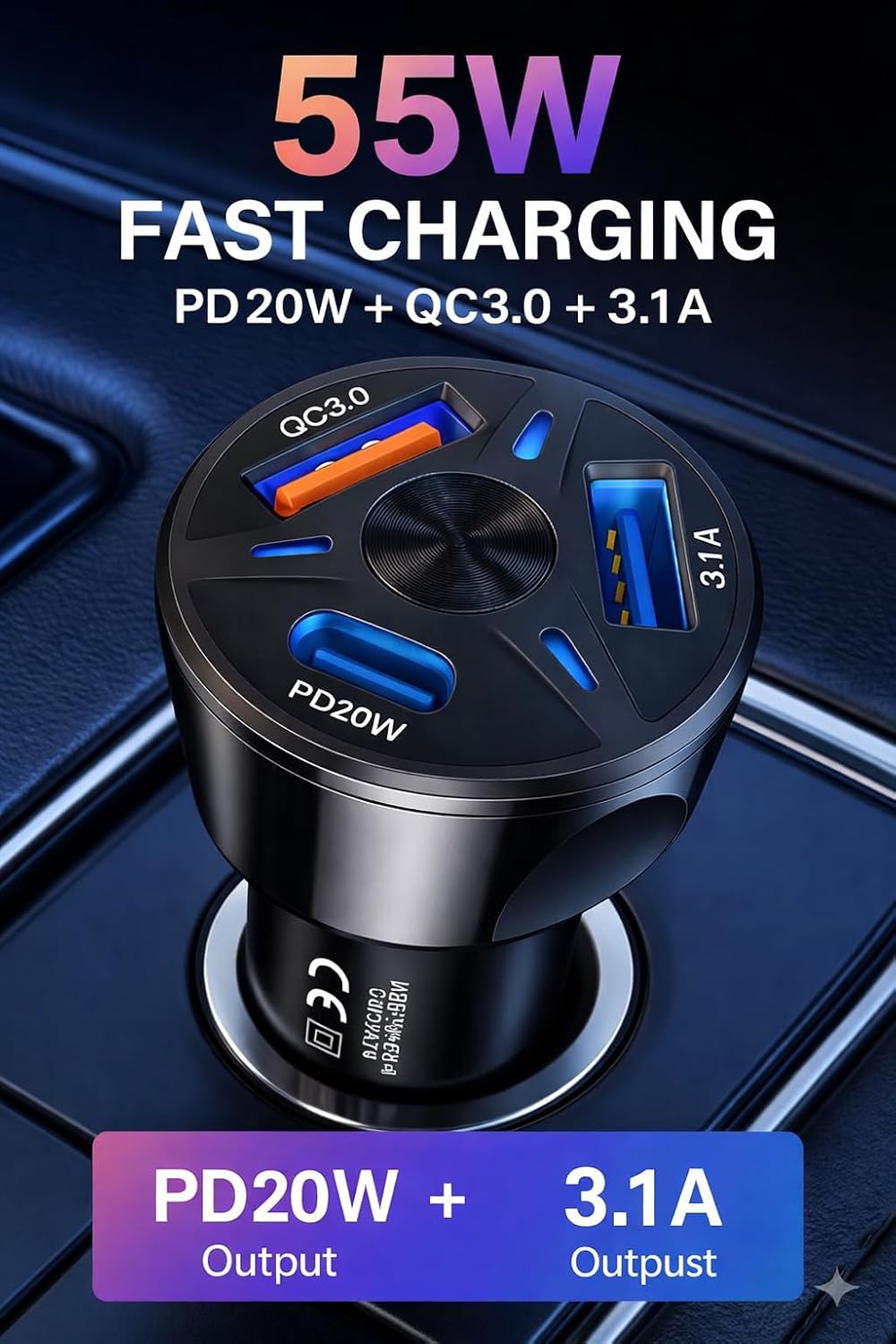 Zen-Car-View-Plus 55W Car Charger, 1× 33W Type-C PD + 2× 22W USB-A Ports, Triple Port Fast Car Charger with one 33W Type-C PD & Two 22 USB-A, Charge 3 Devices Simultaneously, for Smartphones