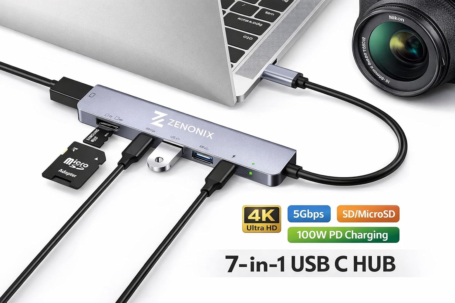 Zenonix 7-in-1 Type C- Docking Station with 4K HDMI,1xUSB 3.0, 1xUSB 2.0 & 2xTypeC 3.0 PD 100W Charging Port, SD & Micro SD Slot,for All Type C Devices- MacBook,Laptop, 6 Months Warranty