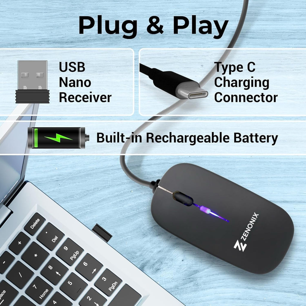 Zenonix Slim Wireless Mouse with Rechargeable Battery, BT + 2.4GHz, 4 Buttons, 800/1200/1600 DPI, Silent Operation, Multicolor LED Light