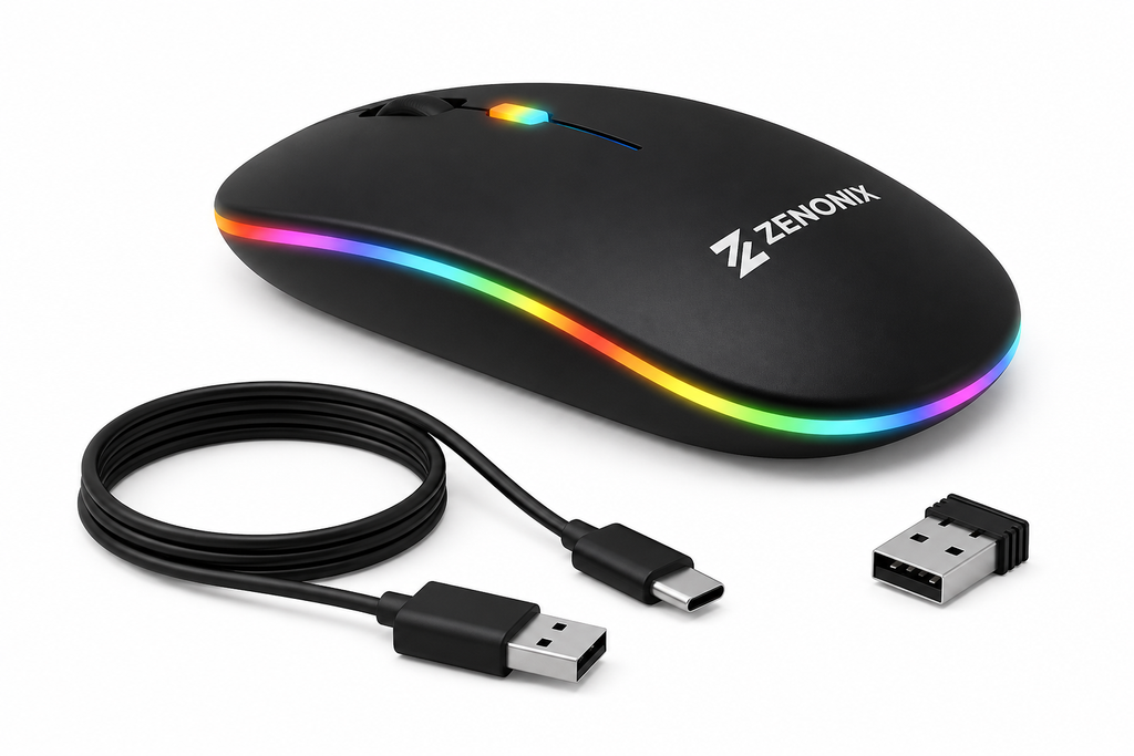 Zenonix Slim Wireless Mouse with Rechargeable Battery, BT + 2.4GHz, 4 Buttons, 800/1200/1600 DPI, Silent Operation, Multicolor LED Light