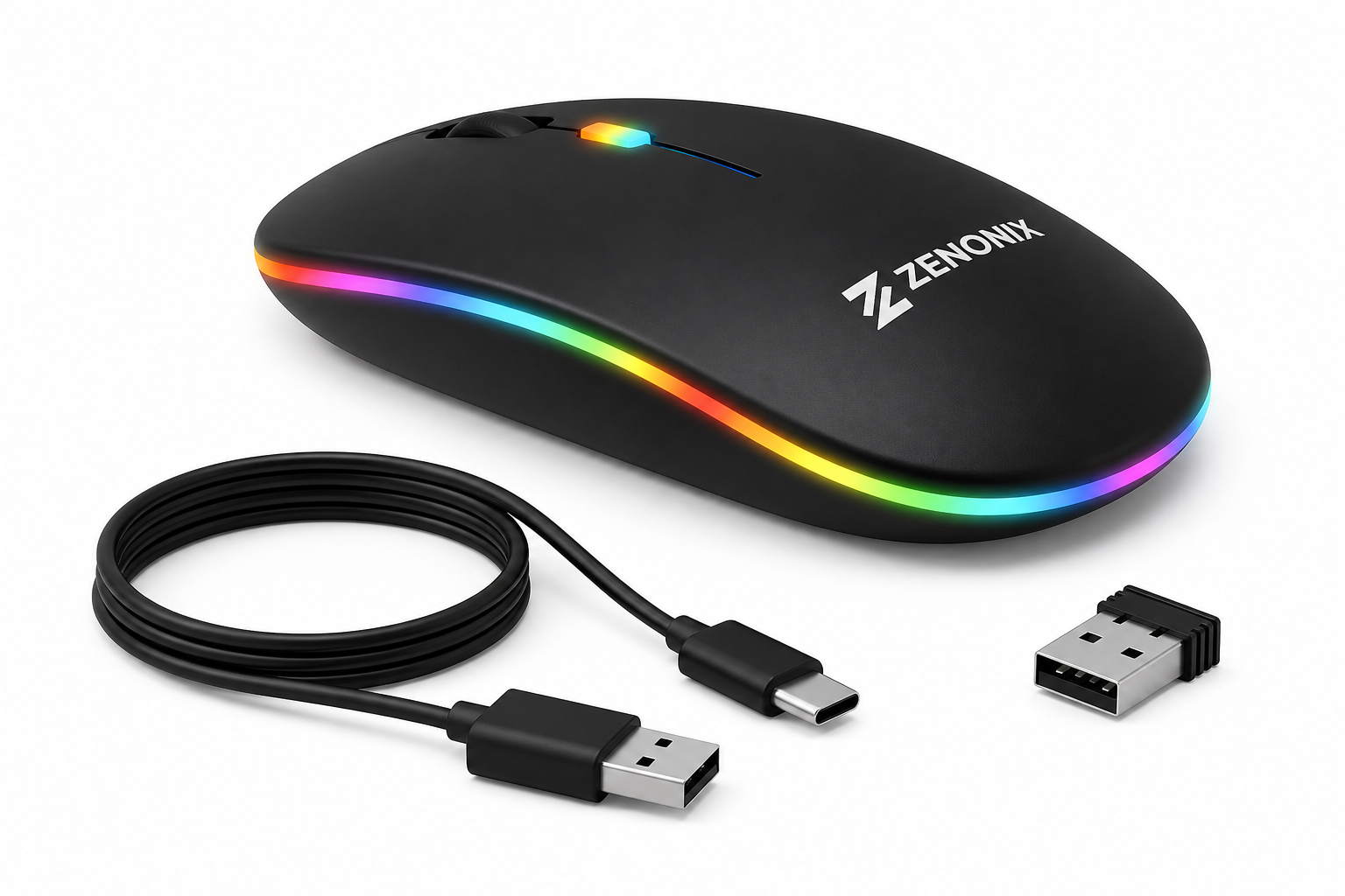 Zenonix Slim Wireless Mouse with Rechargeable Battery, BT + 2.4GHz, 4 Buttons, 800/1200/1600 DPI, Silent Operation, Multicolor LED Light