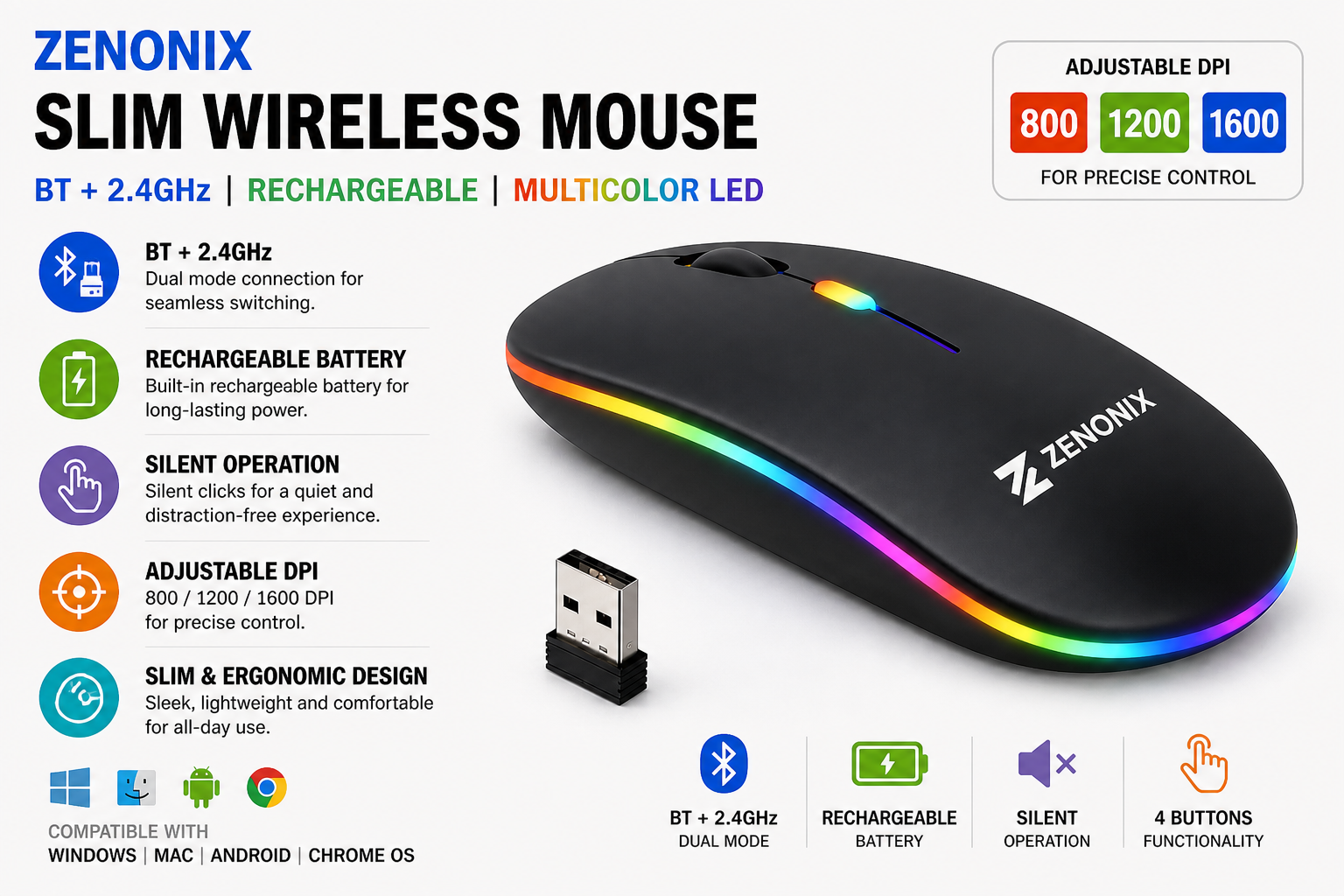 Zenonix Slim Wireless Mouse with Rechargeable Battery, BT + 2.4GHz, 4 Buttons, 800/1200/1600 DPI, Silent Operation, Multicolor LED Light